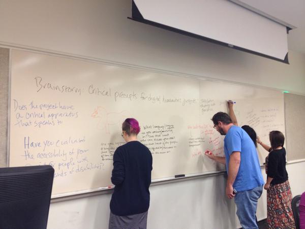 Participants at HILT 2015 brainstorm ideas for best practices in digital humanities on a whiteboard.