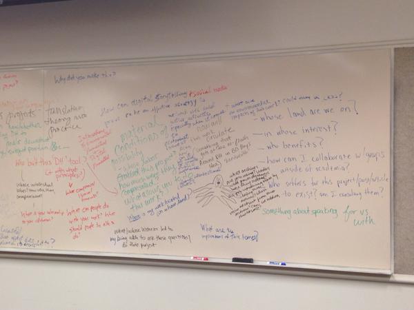 The whiteboard is covered in ideas for social justice digital humanities praxis.