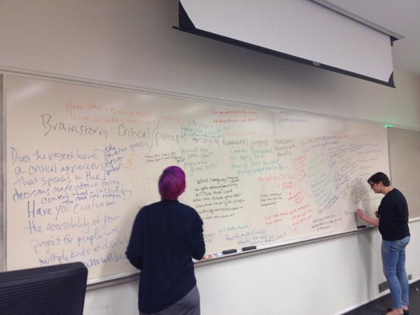 The list of ideas on the whiteboard grows as participants continue adding ideas on social justice practices for digital humanities. 